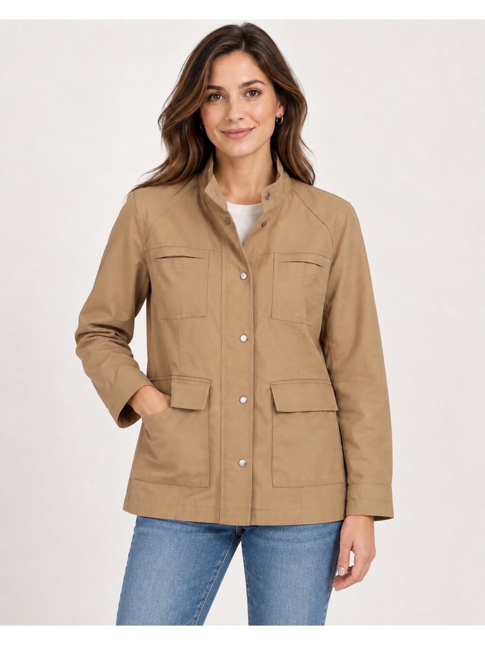 Talbots Women's Petite Sm Tan Utility Safari Field Jacket Stretch Snap Front